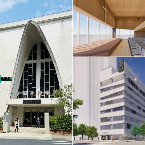 左：華神大樓現址（圖／汪純怡攝影），右下：新大樓外觀示意圖、右上：新大樓會議中心示意圖。（圖／直播截圖）